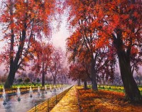 Hanif Shahzad, Nishat Bagh at Autumn View – Jammu Kashmir, 35 x 46 Inch, Oil on Canvas,  Landscape Painting, AC-HNS-088